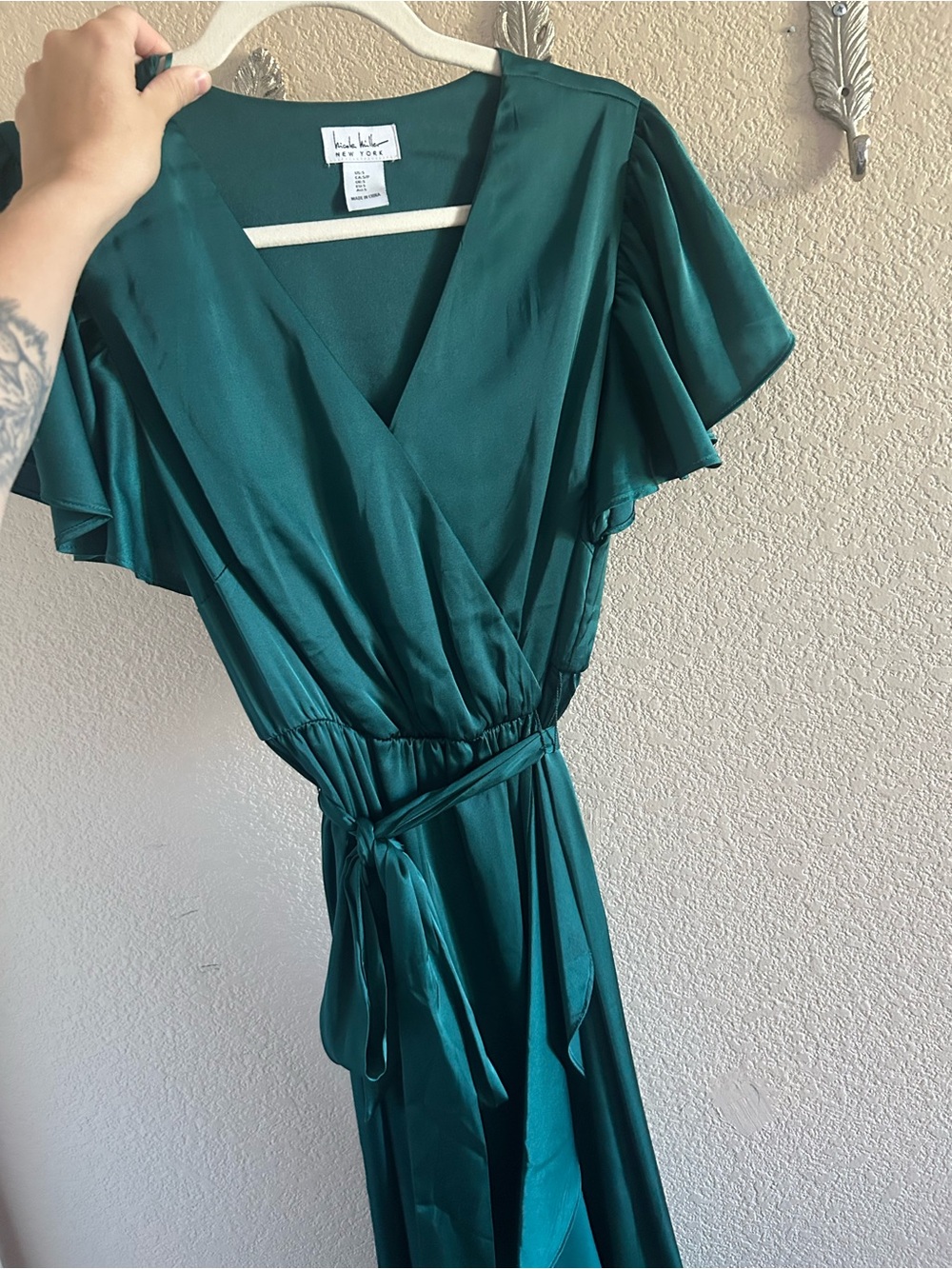 Nicole Miller Emerald Green Satin Maxi Dress with Tie Waist